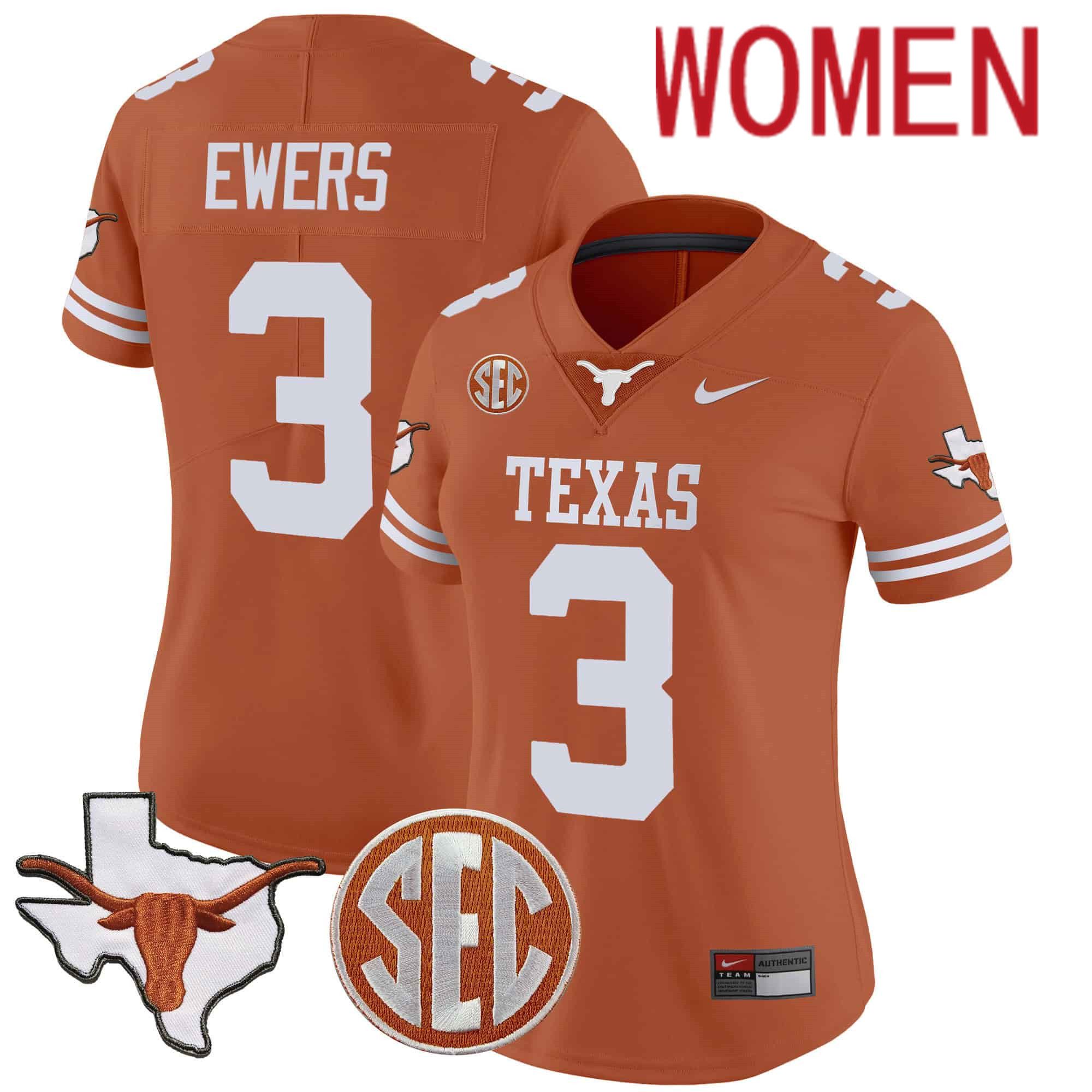 Women Texas Longhorns #3 Ewers Orange 2024 Nike State Map & SEC Patch Vapor NCAA Jersey style 1